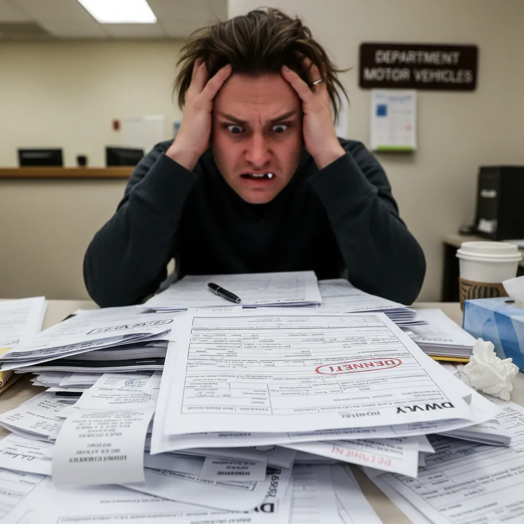 Person frustrated with Alaska DMV registration paperwork