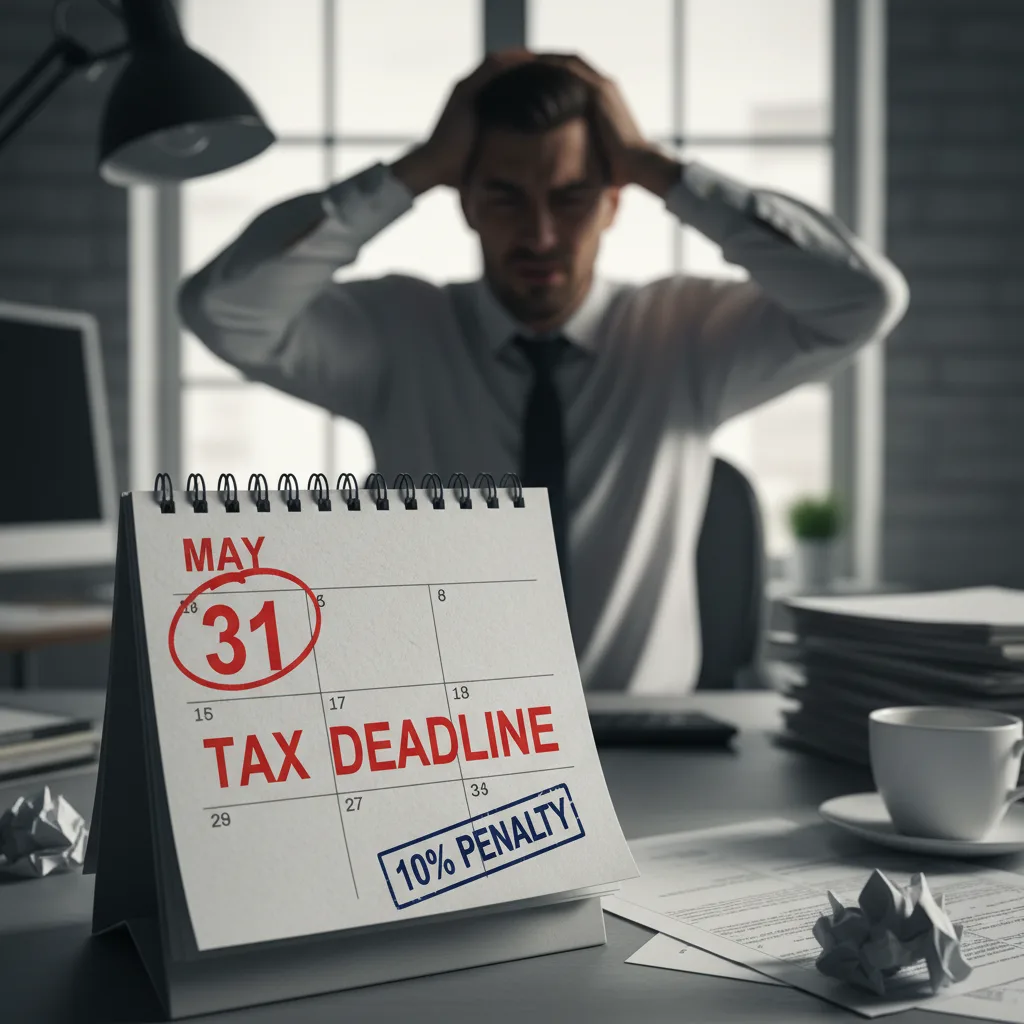 Calendar with May 31 deadline circled and 10 percent penalty stamp