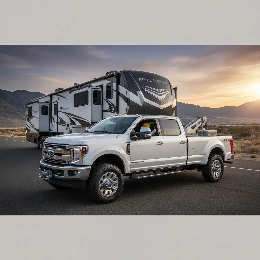 Ford F-450 Limited towing luxury fifth-wheel RV trailer