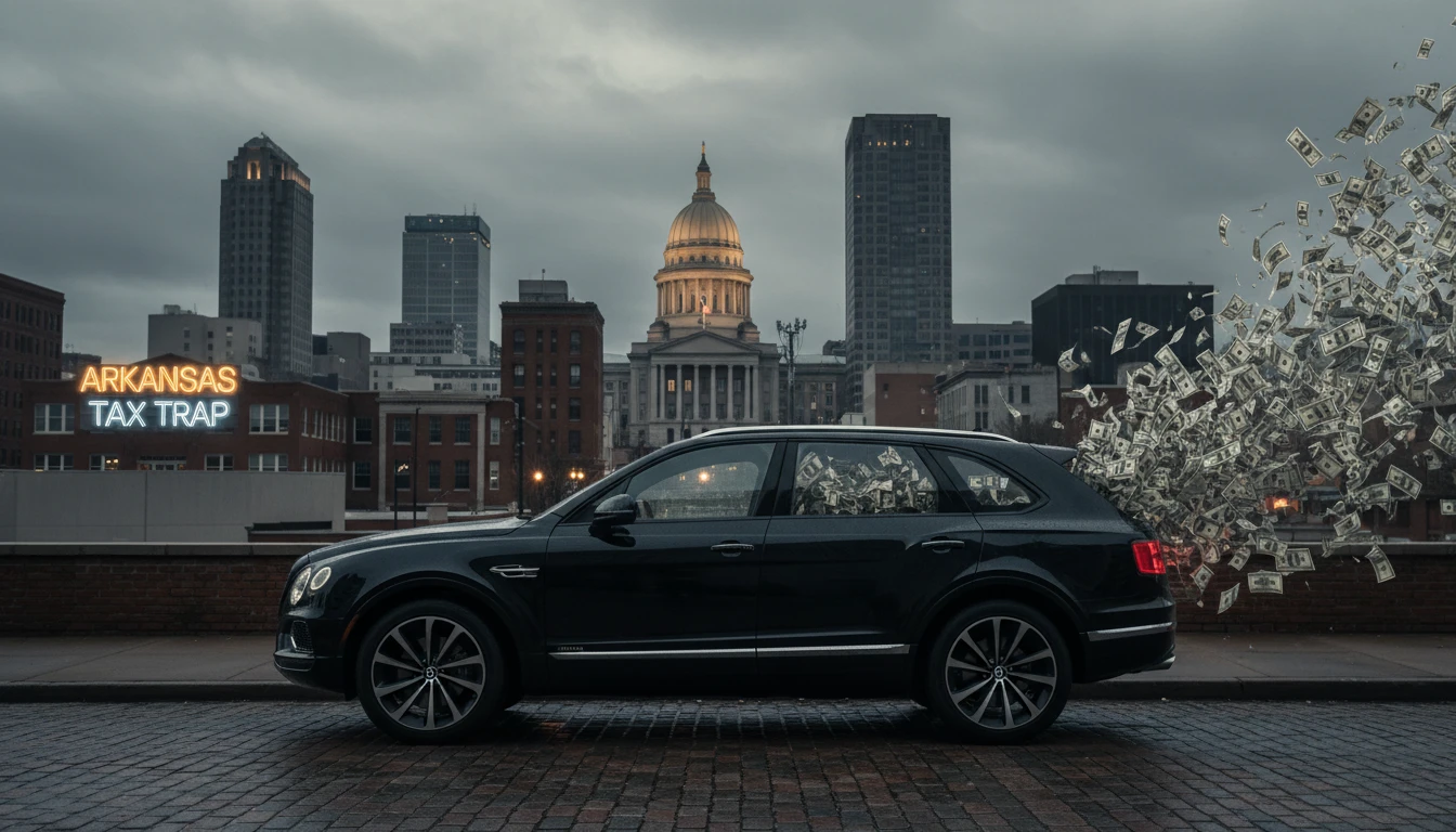 Arkansas vehicle tax burden illustrated by luxury SUV with tax money floating away in Little Rock