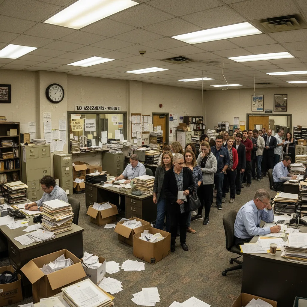 Government DMV tax assessment office with paperwork and long queue
