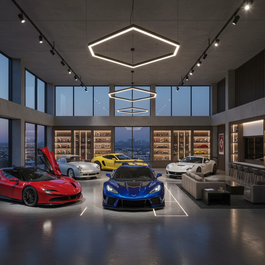 Sports car collection in luxury garage with Ferrari Porsche Corvette