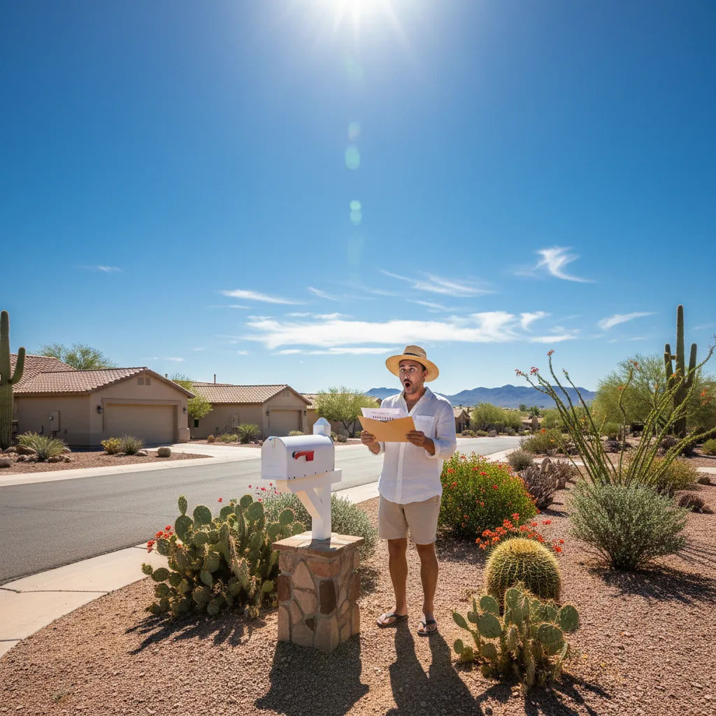 Person checking mailbox in Arizona desert suburb with shocked expression