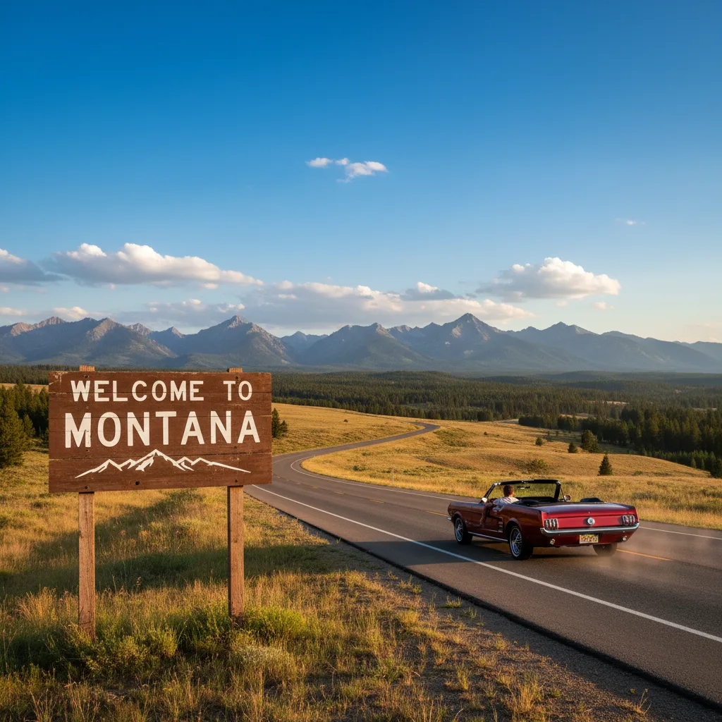 Welcome to Montana sign with mountain landscape and open road