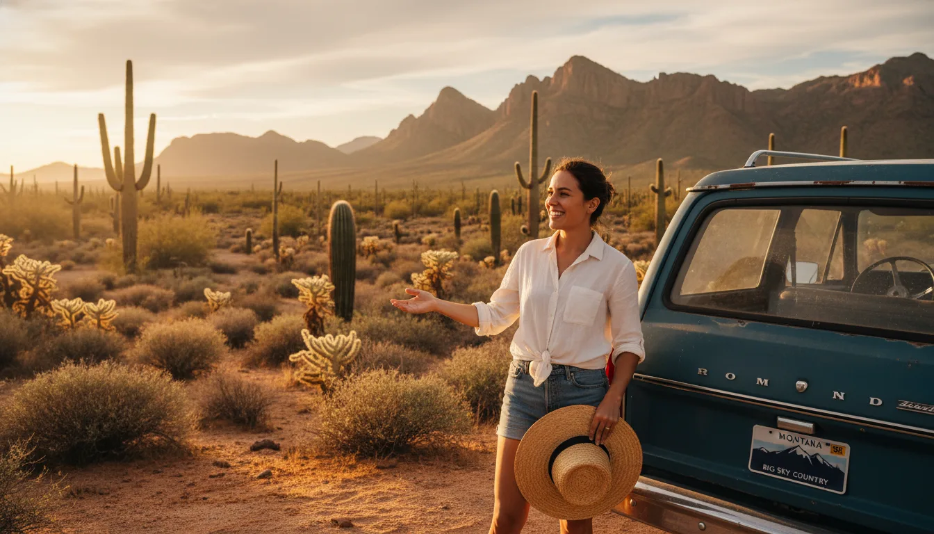 Happy Arizona driver with Montana license plates in desert setting