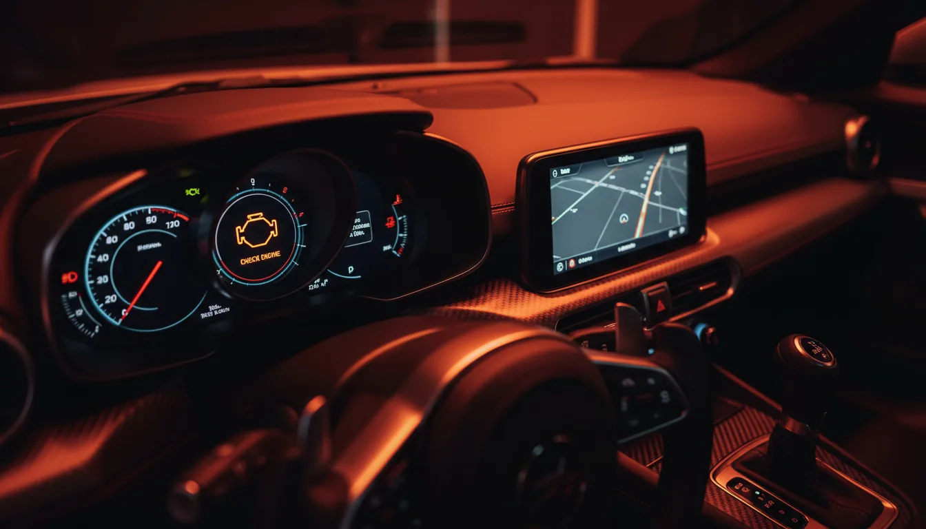 Illuminated check engine light on car dashboard display