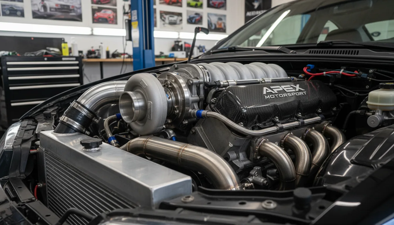 Aftermarket turbo intake and headers in modified performance car engine bay