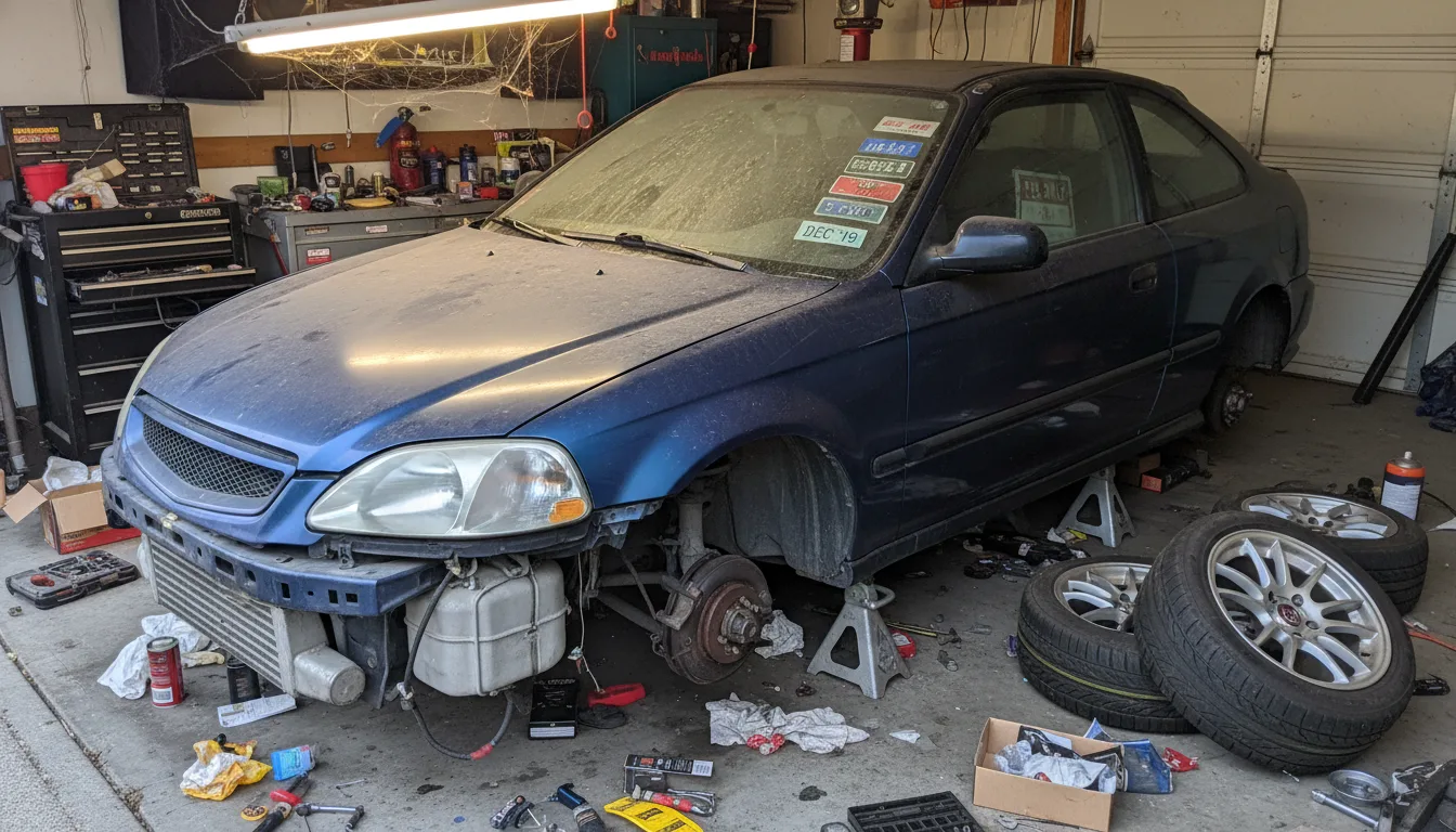 Modified Honda Civic Si project car stuck on jackstands unable to pass emissions
