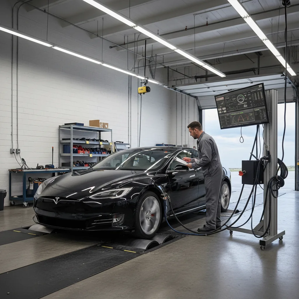 Car on emissions testing machine with diagnostic equipment