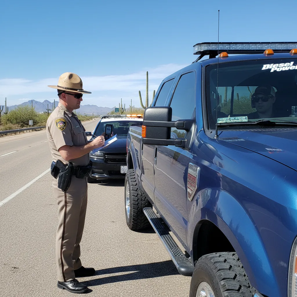 Police officer inspecting modified truck window tint during traffic stop