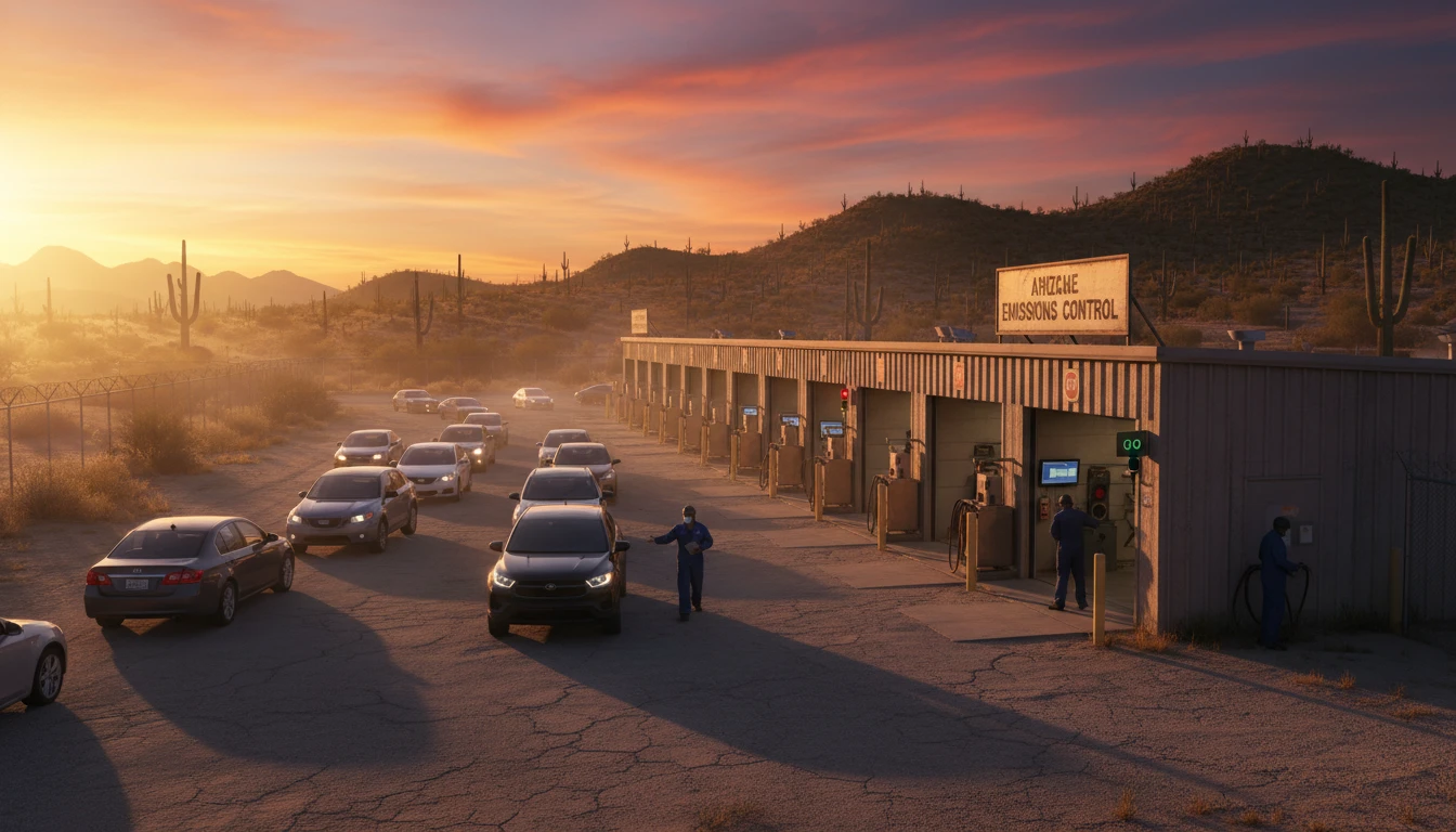 Arizona vehicle emissions testing station with cars lined up in desert