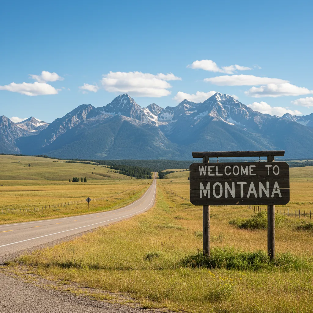 Welcome to Montana road sign with mountain landscape and open highway