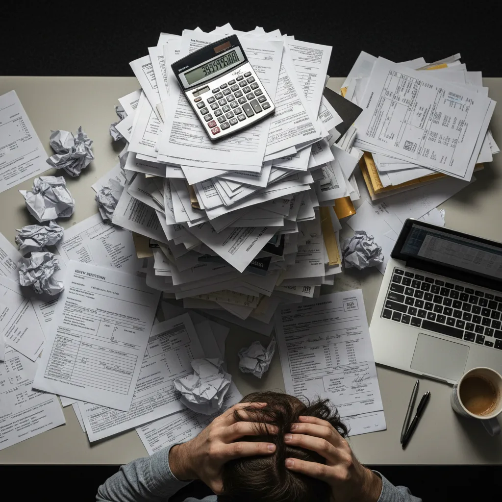 Stack of vehicle registration forms emissions test results and bills