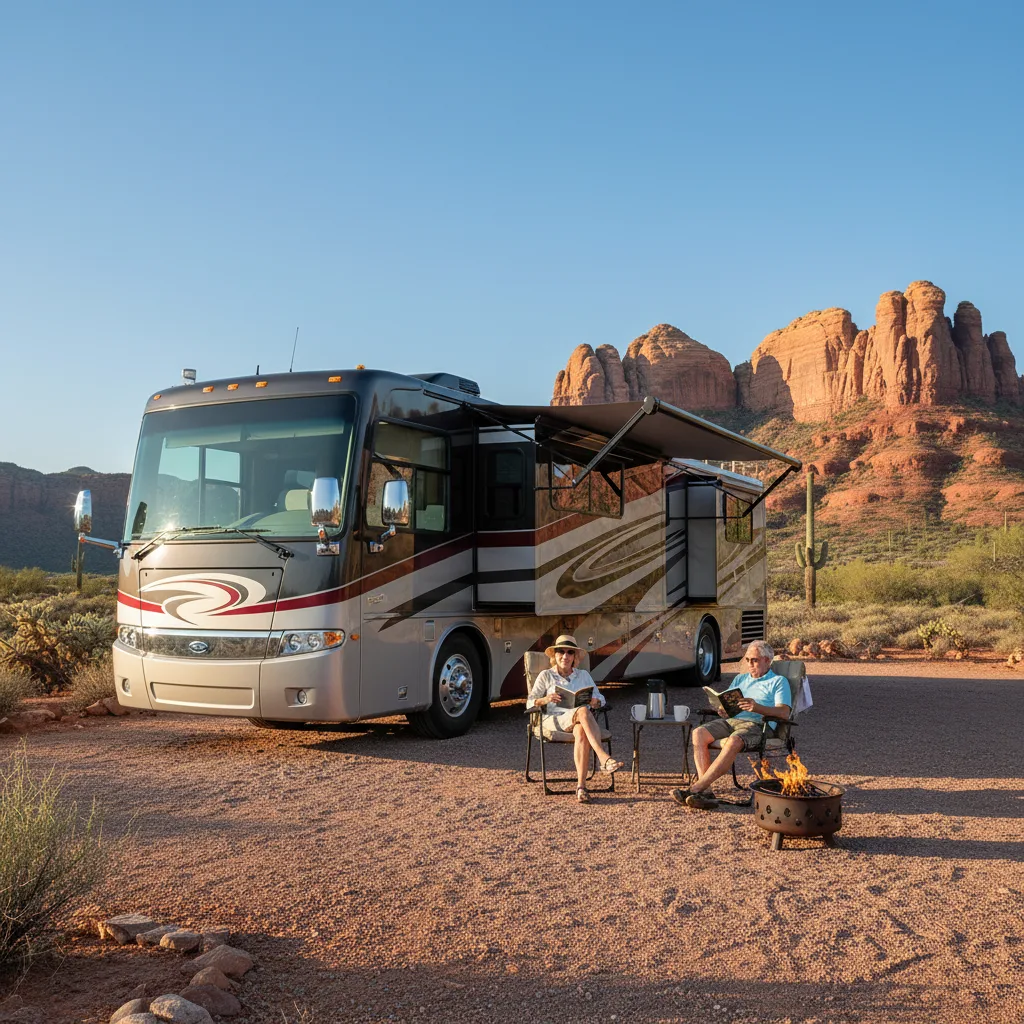 Luxury motorhome RV at Arizona desert campsite with retired couple