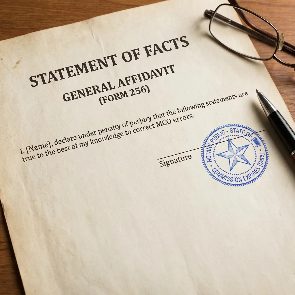 Statement of Facts affidavit document with notary seal fixing MCO errors under penalty of perjury