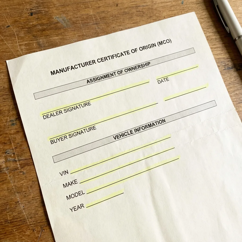 Blank Manufacturer Certificate of Origin MCO document with empty assignment fields
