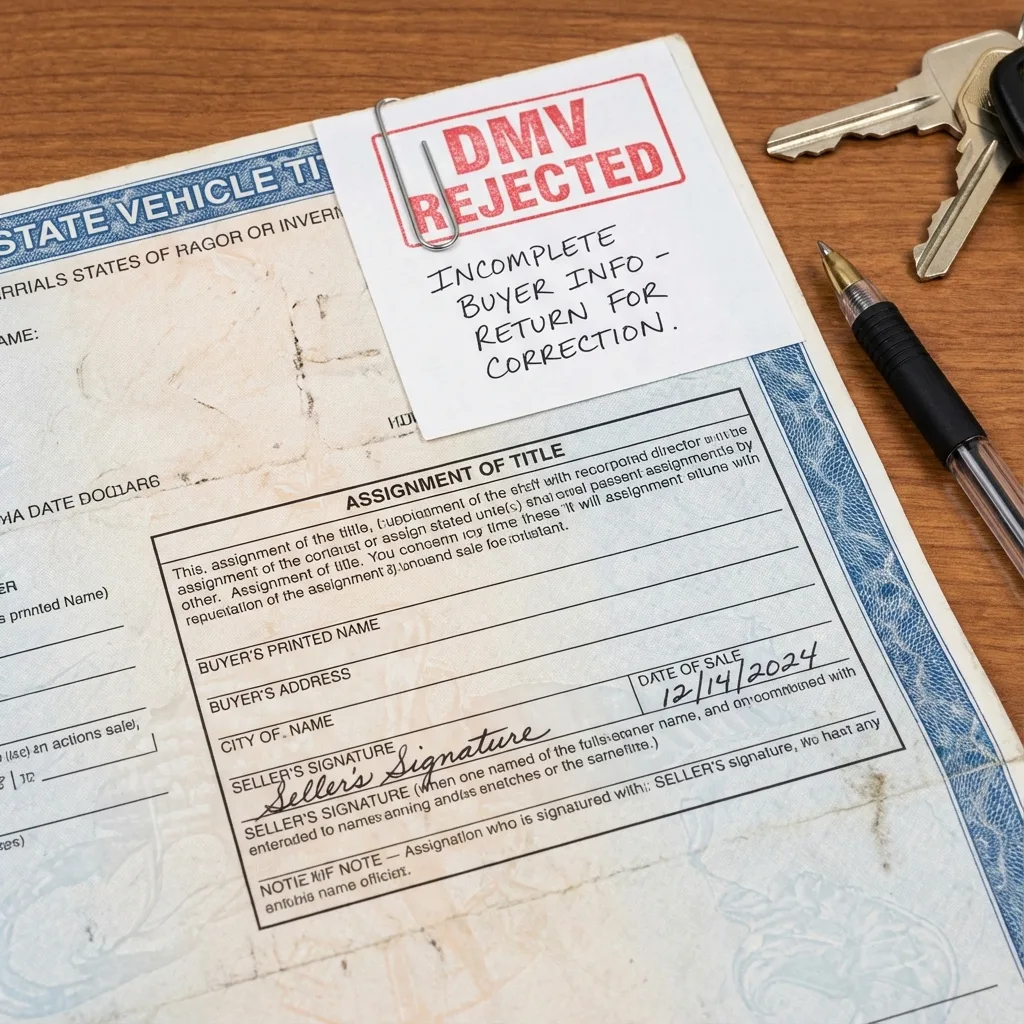 Vehicle ownership document with incomplete buyer information section and blank name fields