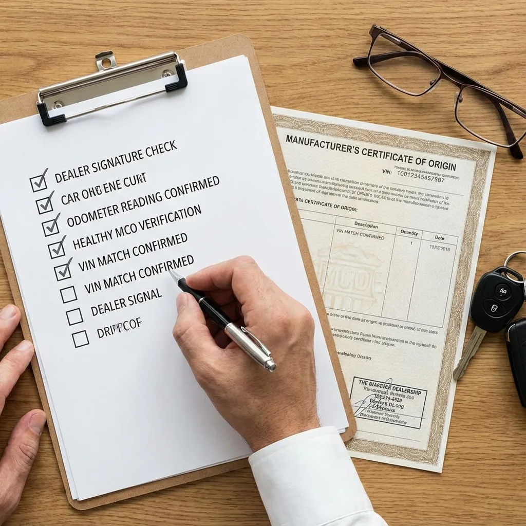 Checklist being verified on MCO document with VIN match dealer signature odometer reading