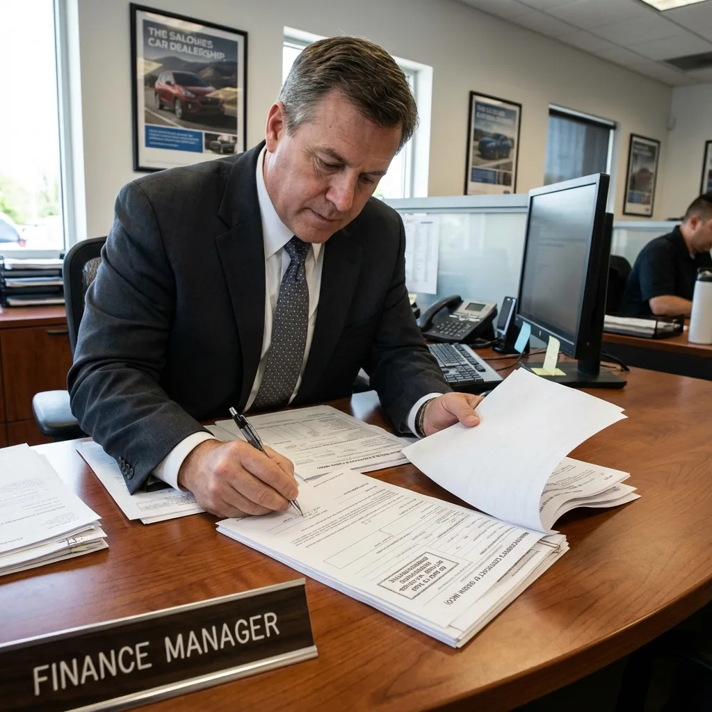 Dealership finance manager signing MCO document properly fixing paperwork