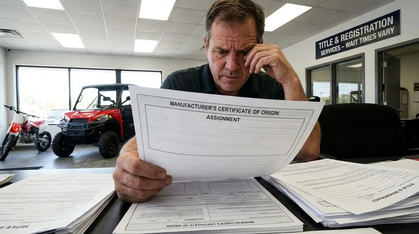 Blank MCO certificate with empty assignment section and frustrated vehicle buyer