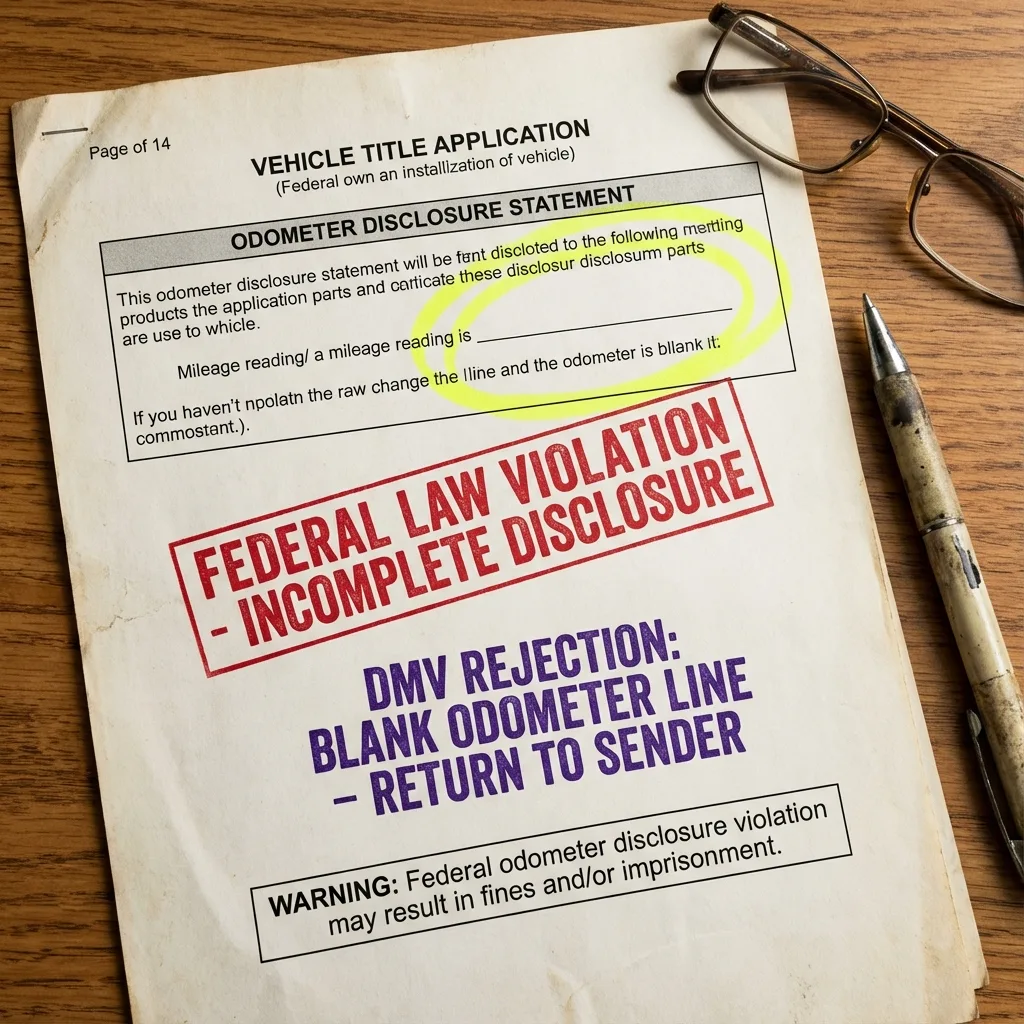 Federal odometer disclosure violation warning on blank MCO with missing odometer reading