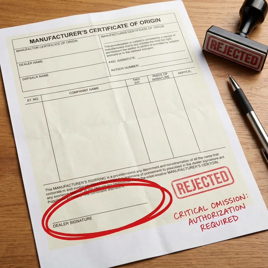 MCO document with missing dealer signature highlighted showing critical omission