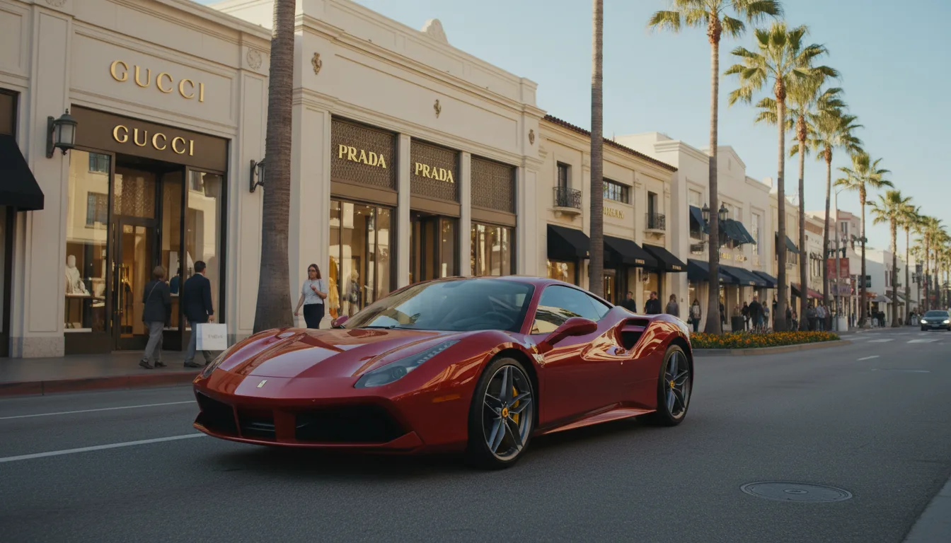 Red Ferrari parked on Rodeo Drive Beverly Hills luxury shopping district