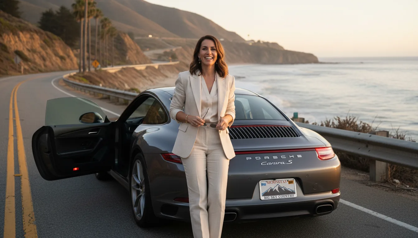 Happy California driver with Porsche and Montana license plates on coastal highway