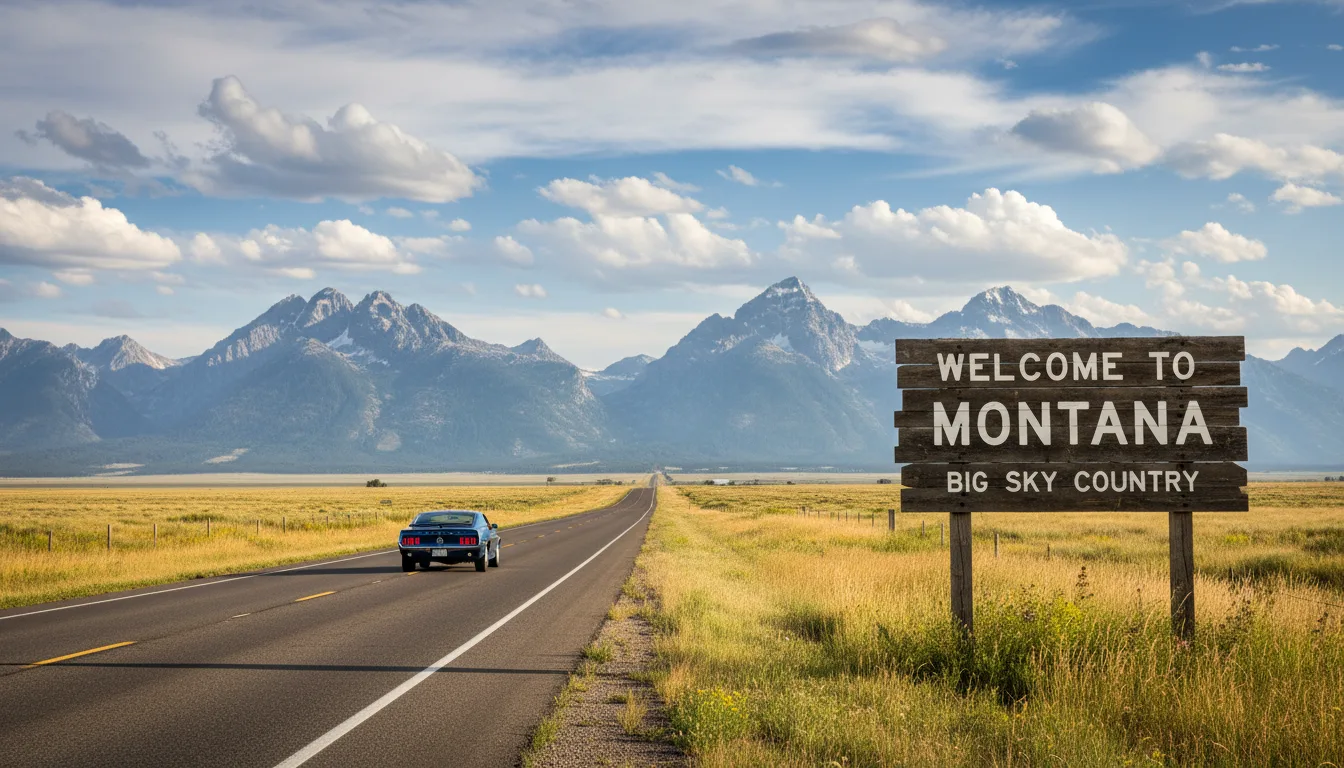 Welcome to Montana road sign with mountain landscape and open highway