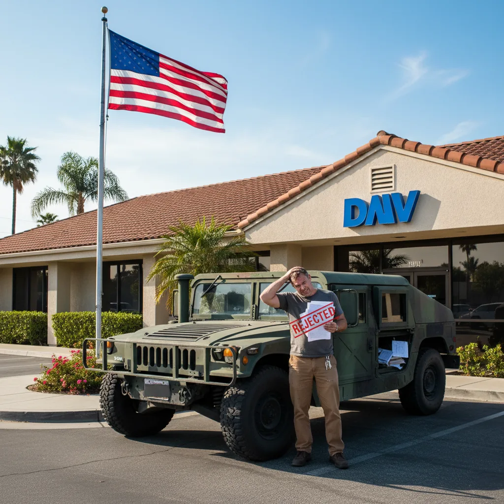 Military Humvee being rejected at California DMV