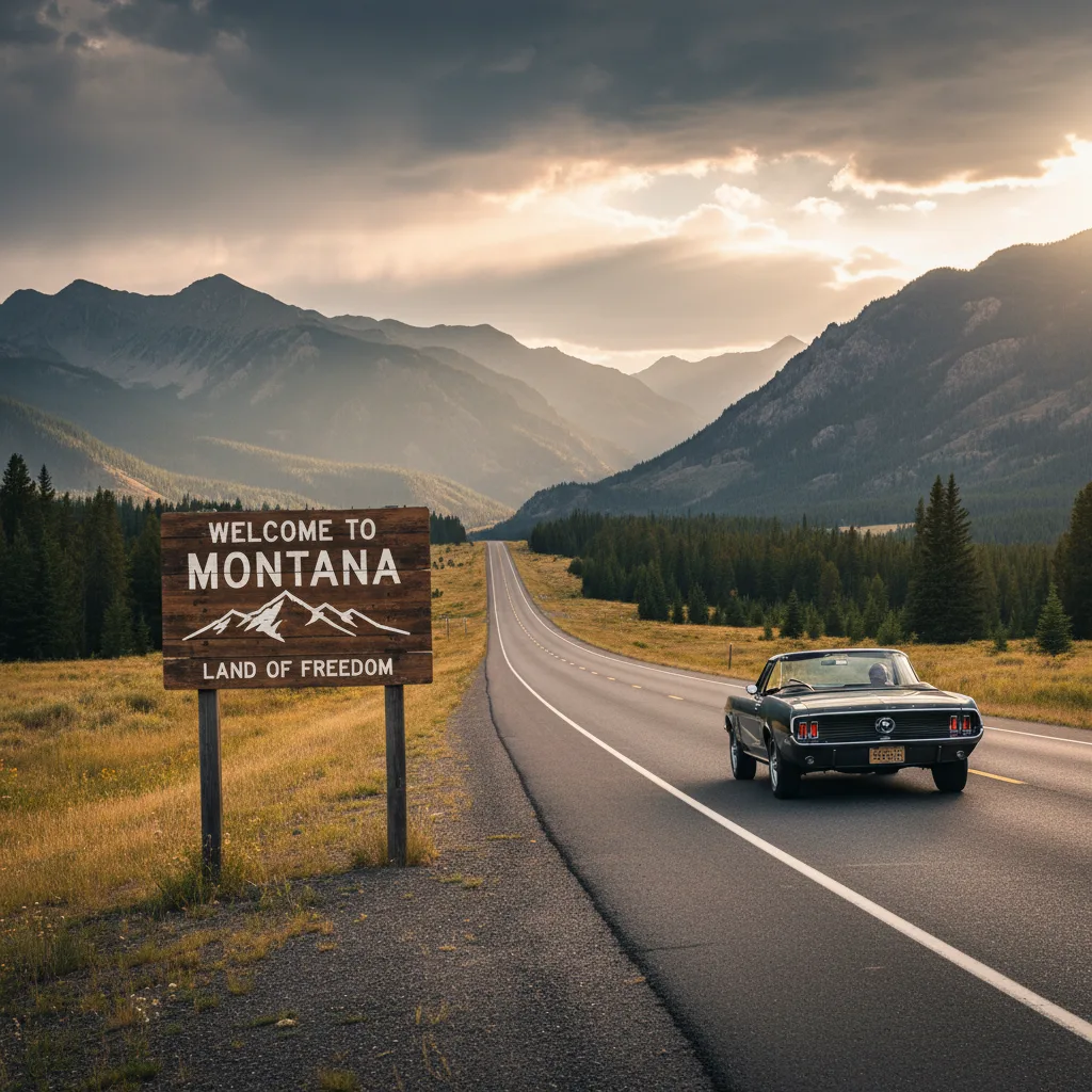 Welcome to Montana road sign with mountain landscape