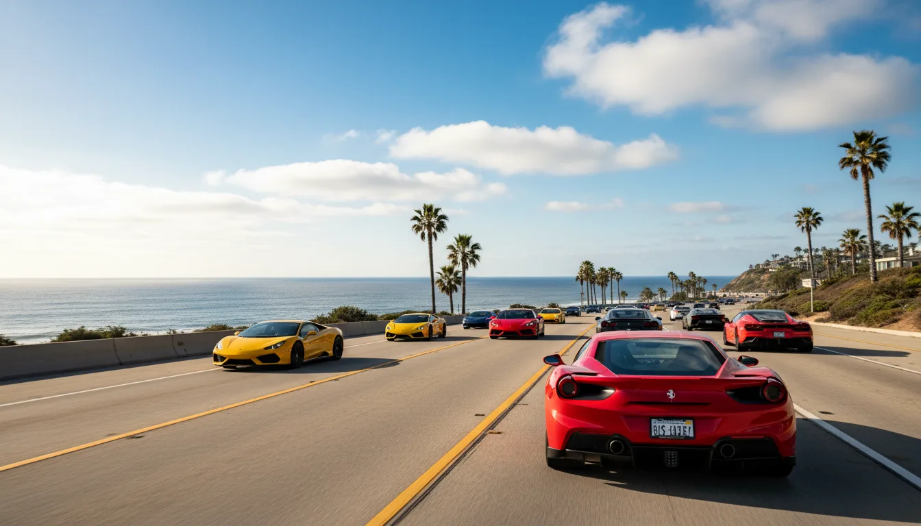 Luxury cars on Pacific Coast Highway Malibu with Montana license plates visible