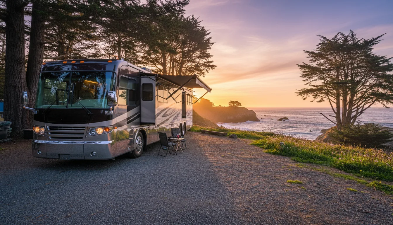 Luxury Prevost motorhome RV at Big Sur California coastal campsite