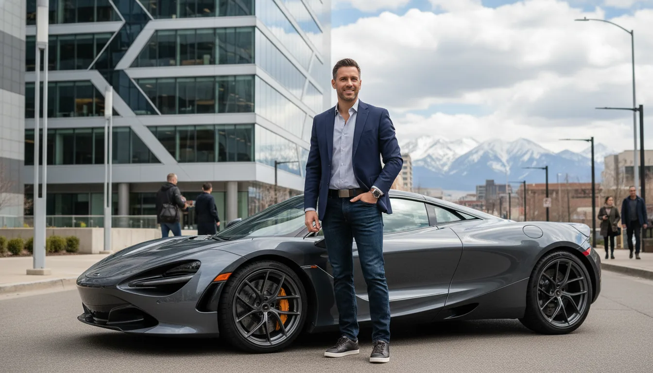 Successful tech executive standing next to luxury car in Denver Colorado