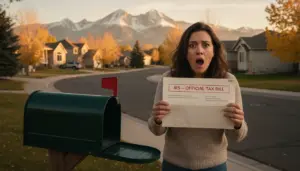 Person shocked by Colorado vehicle tax bill at mailbox with Rocky Mountains in background