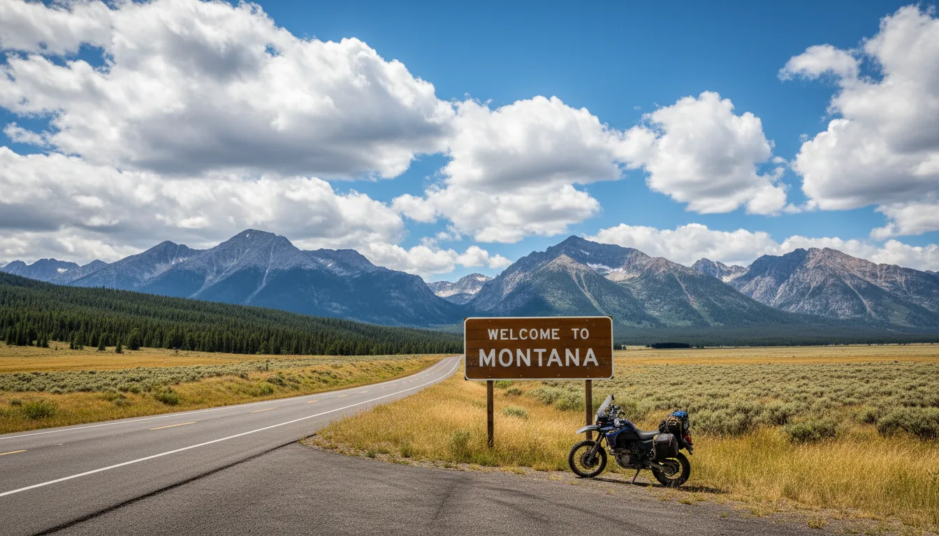 Welcome to Montana road sign on scenic highway representing tax-free vehicle registration