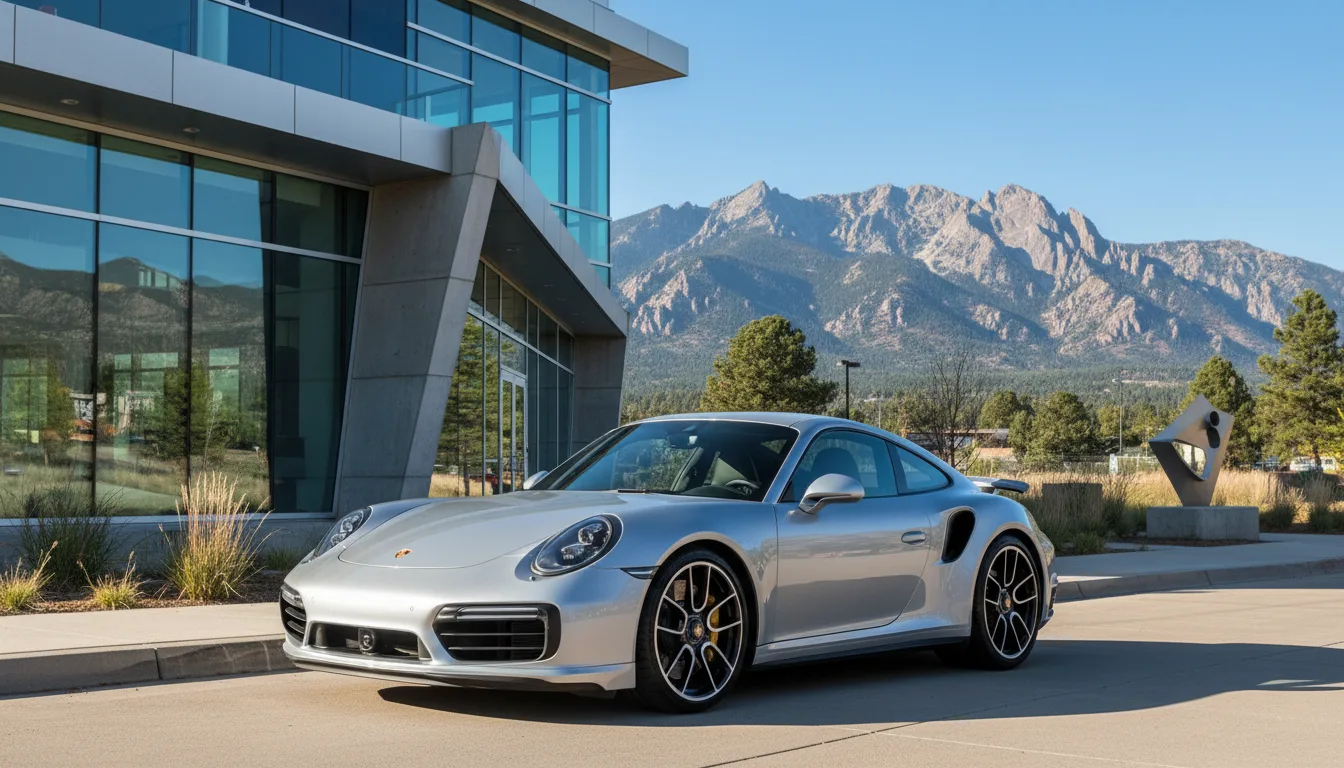 Porsche 911 Turbo S sports car in front of Boulder Colorado tech office