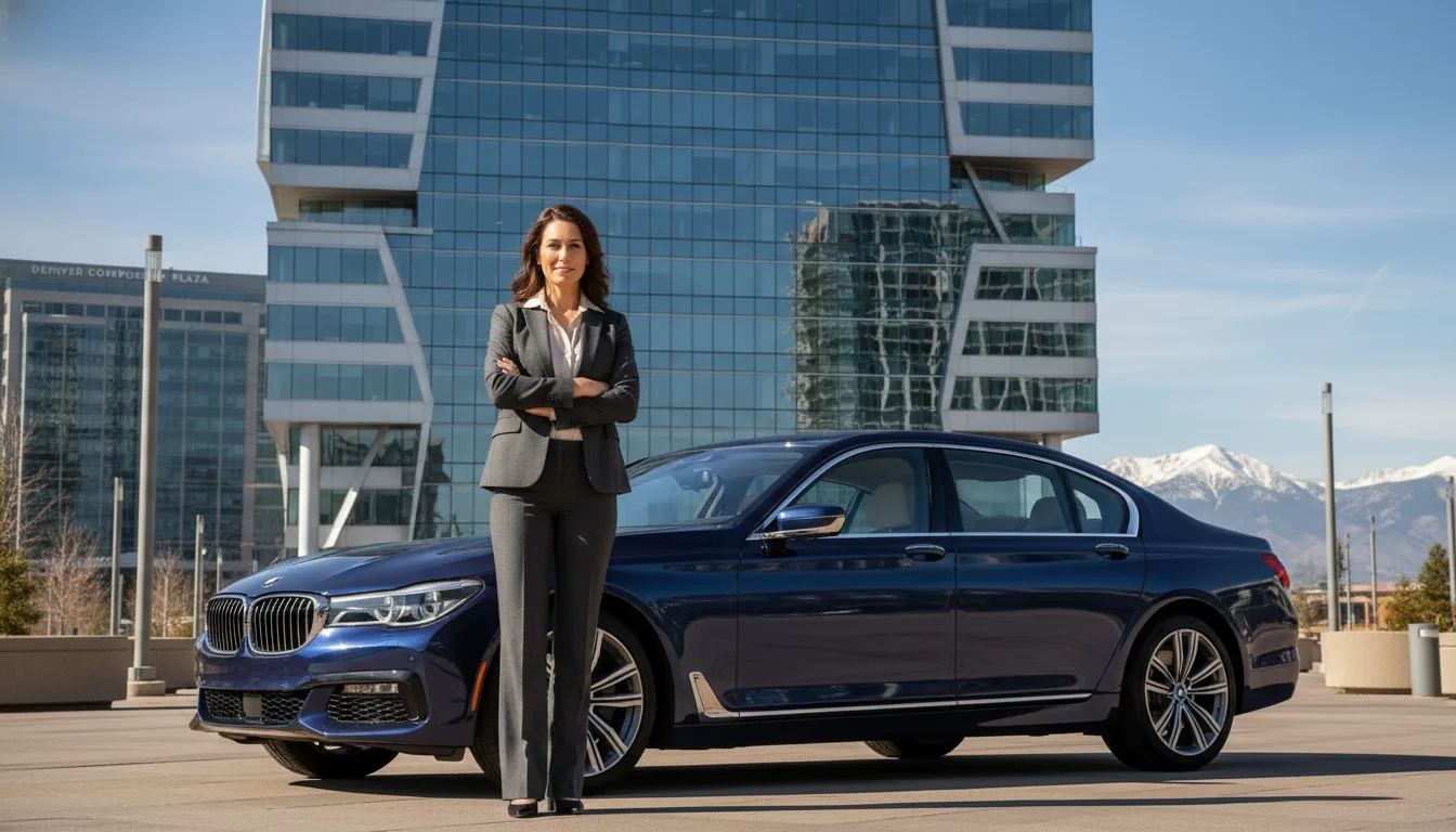 Professional businesswoman with BMW in Denver