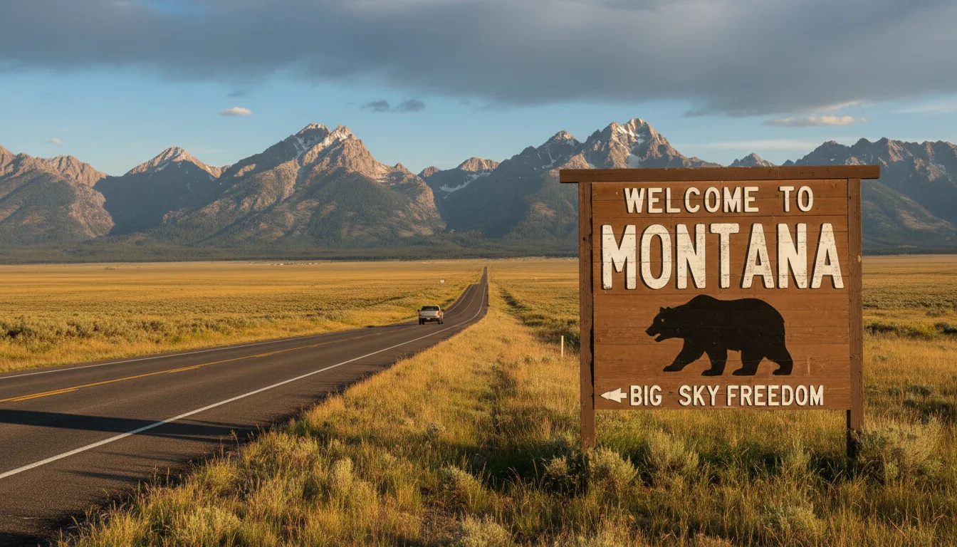 Welcome to Montana road sign with mountain landscape
