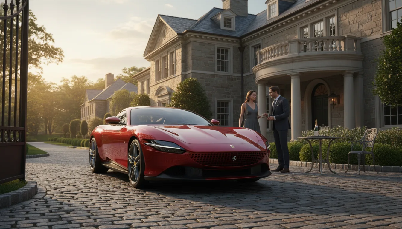 Red Ferrari sports car in Greenwich Connecticut wealthy neighborhood