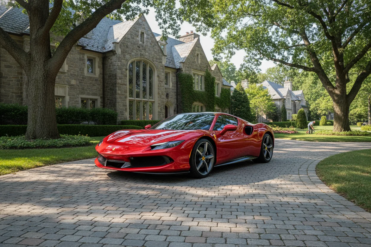 Red Ferrari 296 GTB parked at Greenwich Connecticut mansion