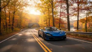 Luxury car on Merritt Parkway Connecticut during fall foliage