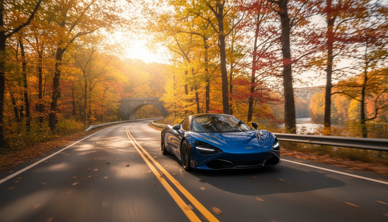 Luxury car on Merritt Parkway Connecticut during fall foliage