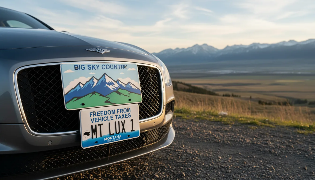 Montana license plate on luxury vehicle representing tax-free registration
