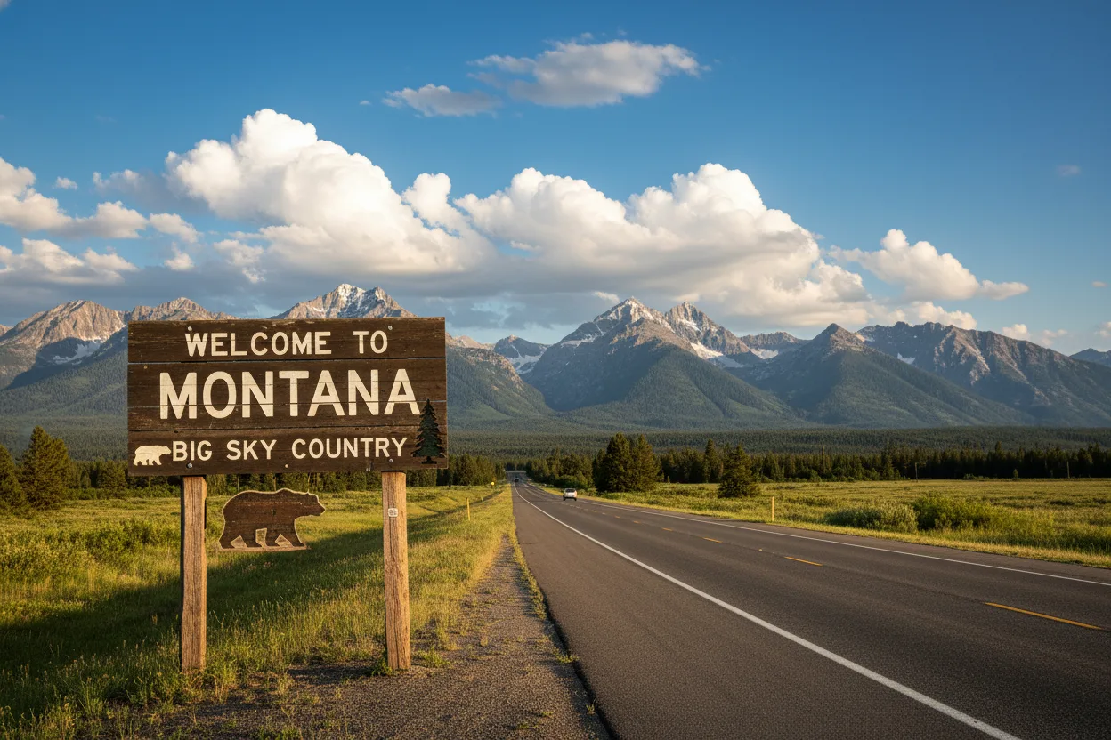 Welcome to Montana road sign with Rocky Mountain landscape