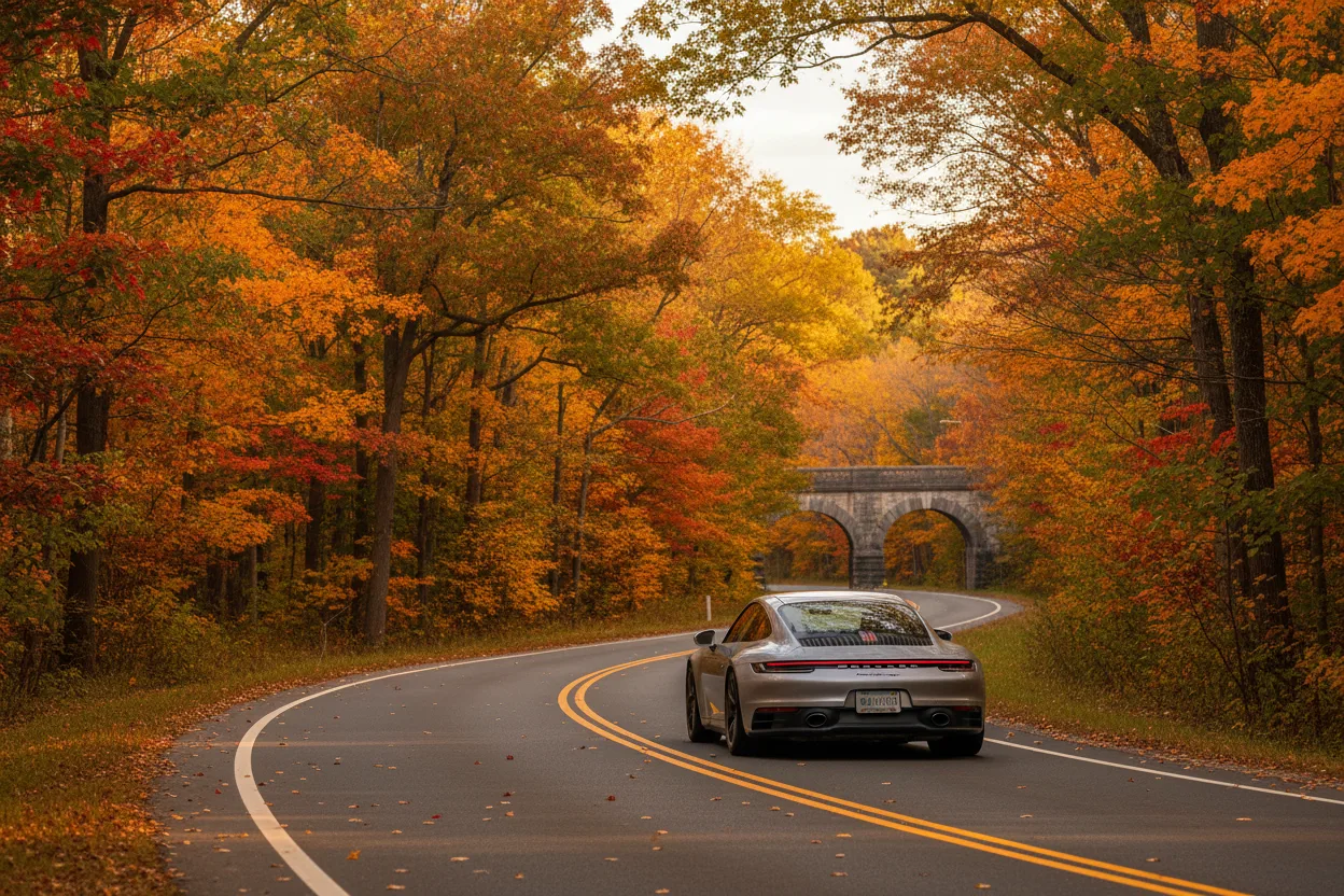 Porsche 911 driving on scenic Merritt Parkway Connecticut fall foliage