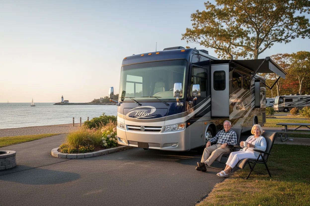 Luxury Tiffin Phaeton motorhome at New England campground