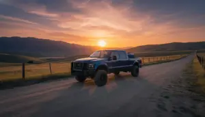 Diesel pickup truck at California ranch sunset hero image
