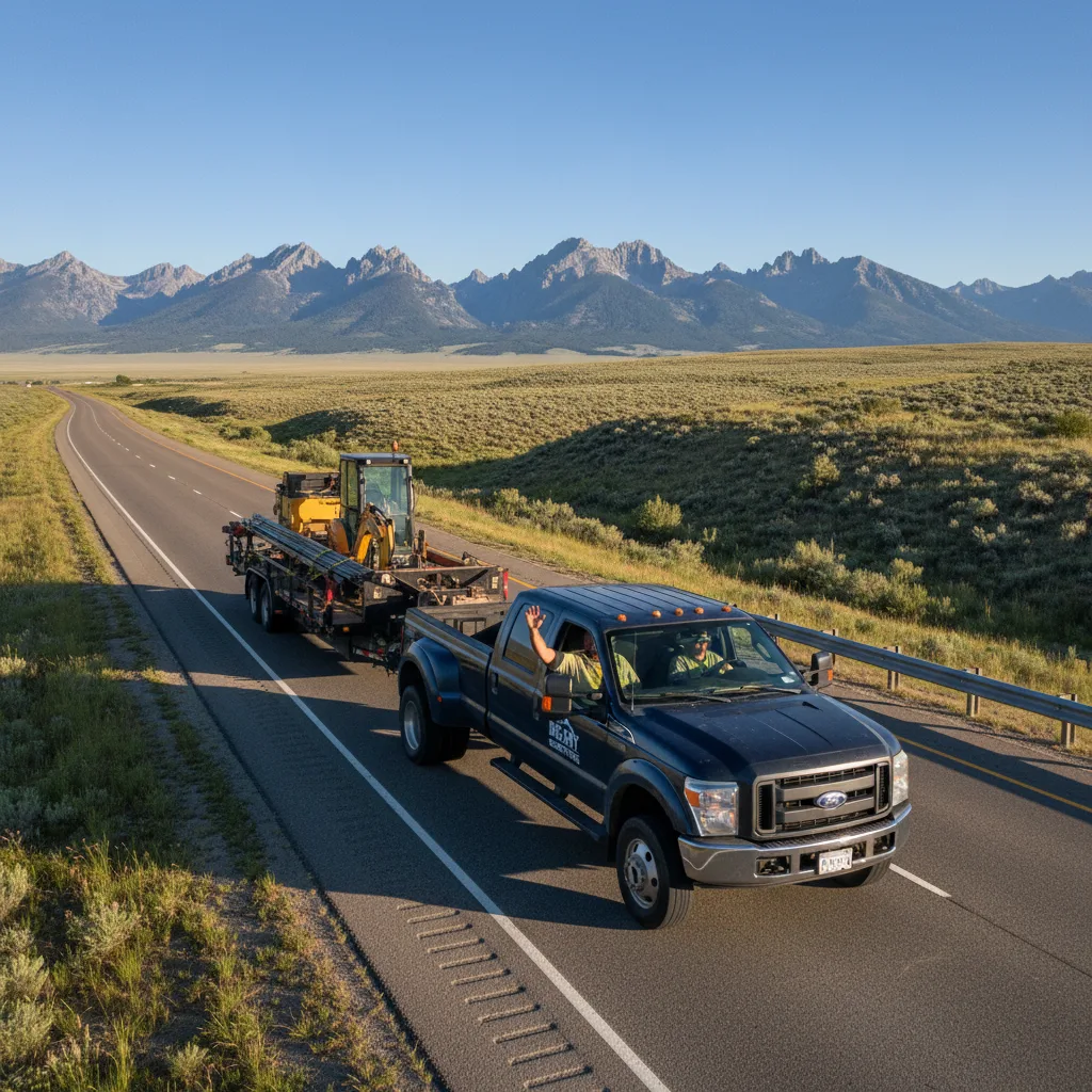 Happy contractor driving diesel truck with Montana plates on open highway