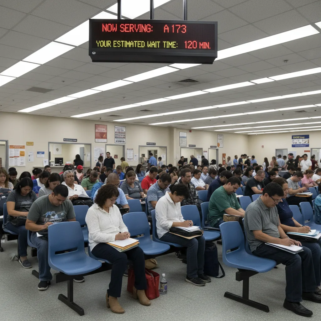 Crowded California DMV waiting room with frustrated people